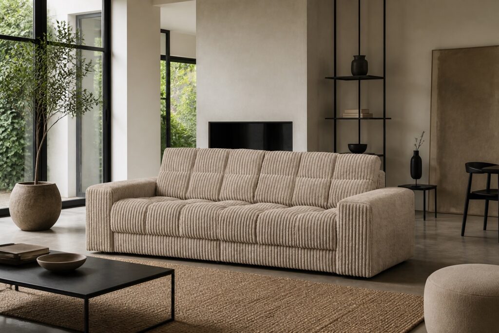 WOOOD 2-zitsbank Second Date taupe rib in een modern interieur: 2-zitsbank in beige