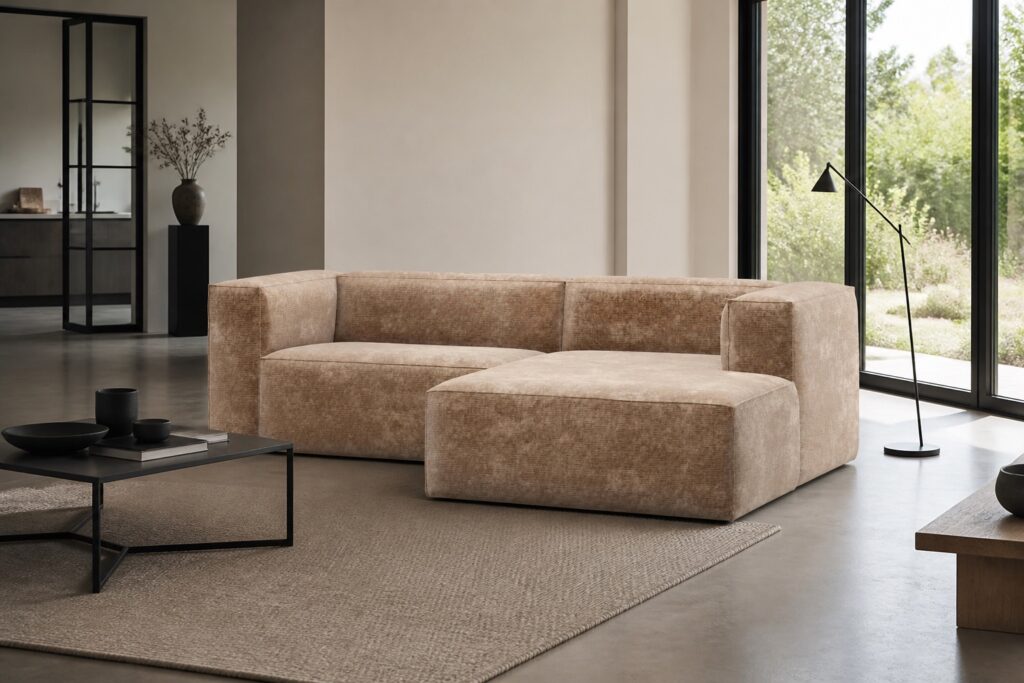 WOOOD hoekbank Bean taupe chenille in een modern interieur: hoekbank in bruin