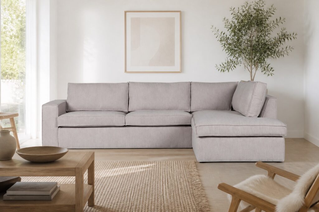 WOOOD hoekbank Hajo boucle naturel in een licht scandinavisch interieur: hoekbank in beige