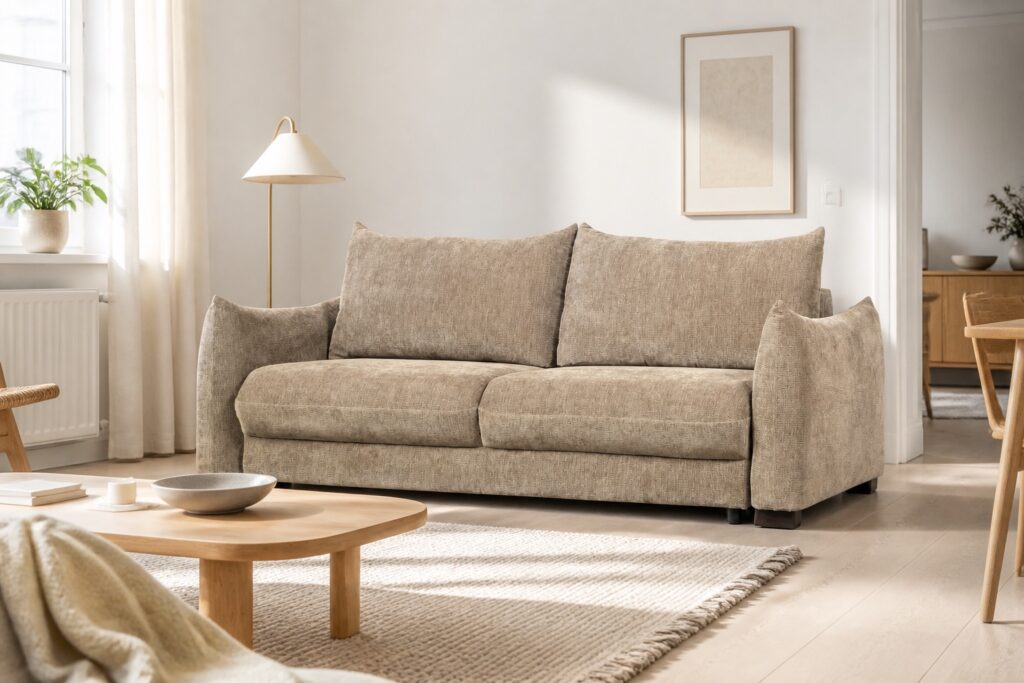 WOOOD slaapbank Jonne naturel chenille in een licht scandinavisch interieur: slaapbank in beige