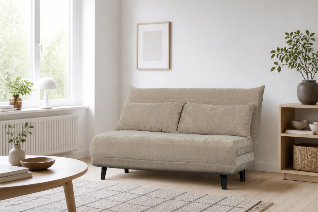 WOOOD slaapbank Xem naturel in een licht scandinavisch interieur: slaapbank in beige