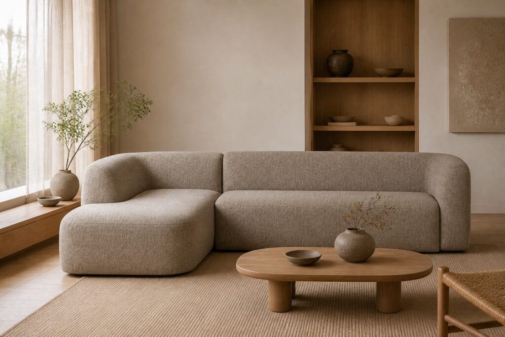 WOOOD Sloping hoekbank chenille naturel in een japandi interieur: hoekbank in beige chenille