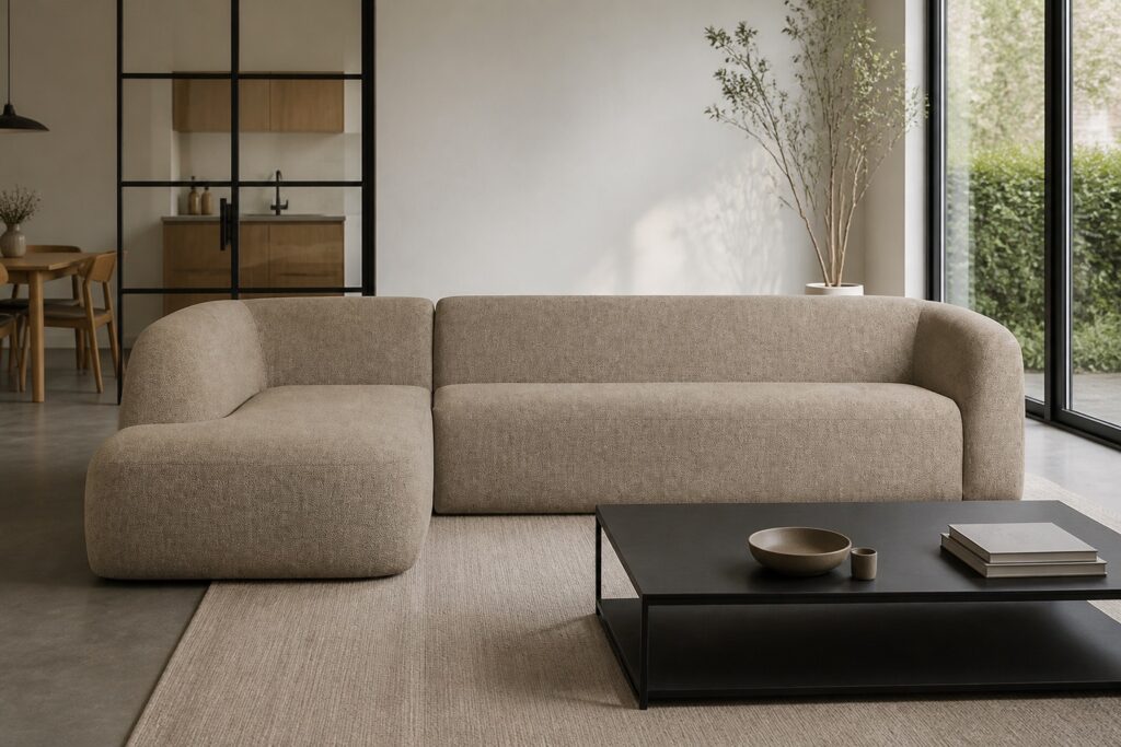 WOOOD Sloping hoekbank chenille naturel in een modern interieur: hoekbank in beige chenille