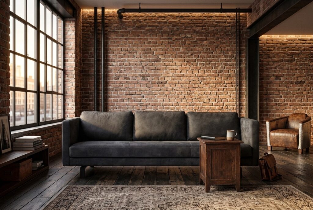 Zitbank Nuance zwart leer in een industrieel interieur: 3-zitsbank in zwart