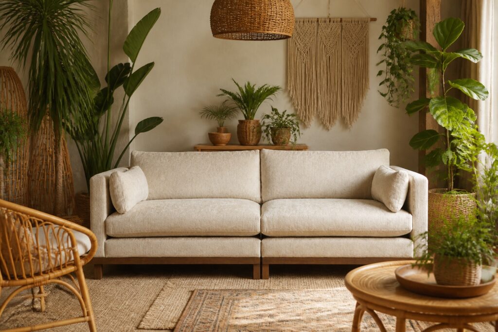 Zuiver Blossom 3-zitsbank Sand in een bohemien interieur: 3-zitsbank in beige
